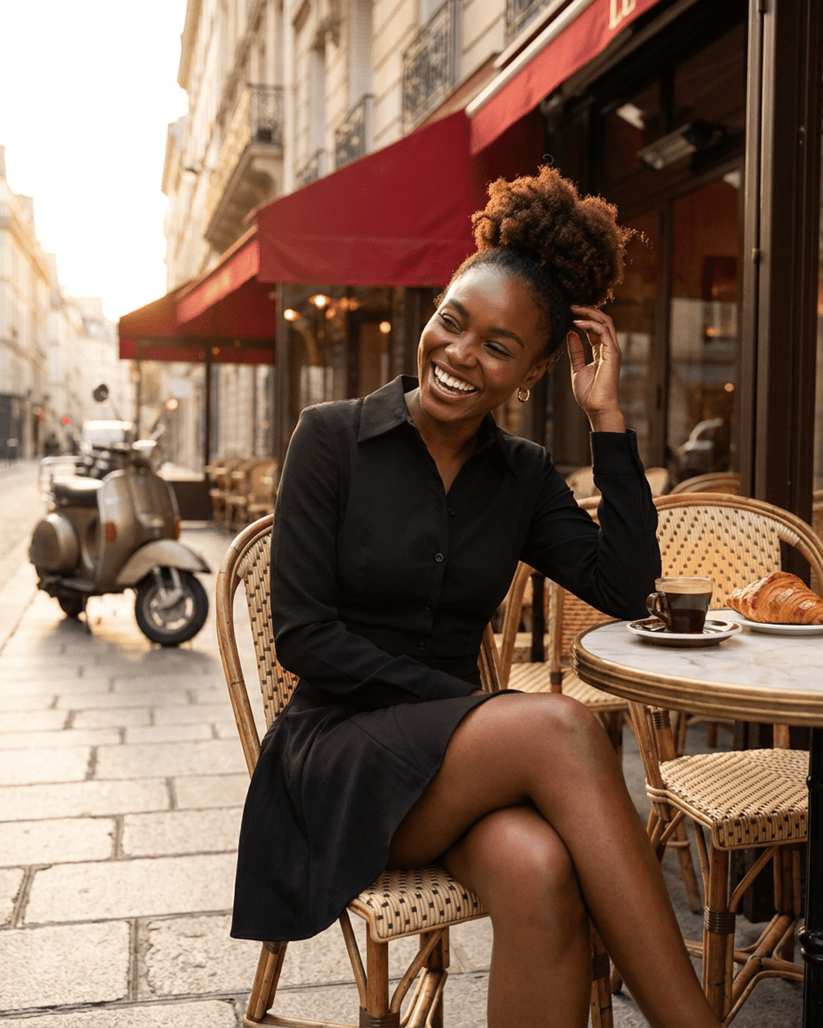 Woman wearing Vesta Mini Dress by SLIMONA, smiling at a cafe in a charming street setting.