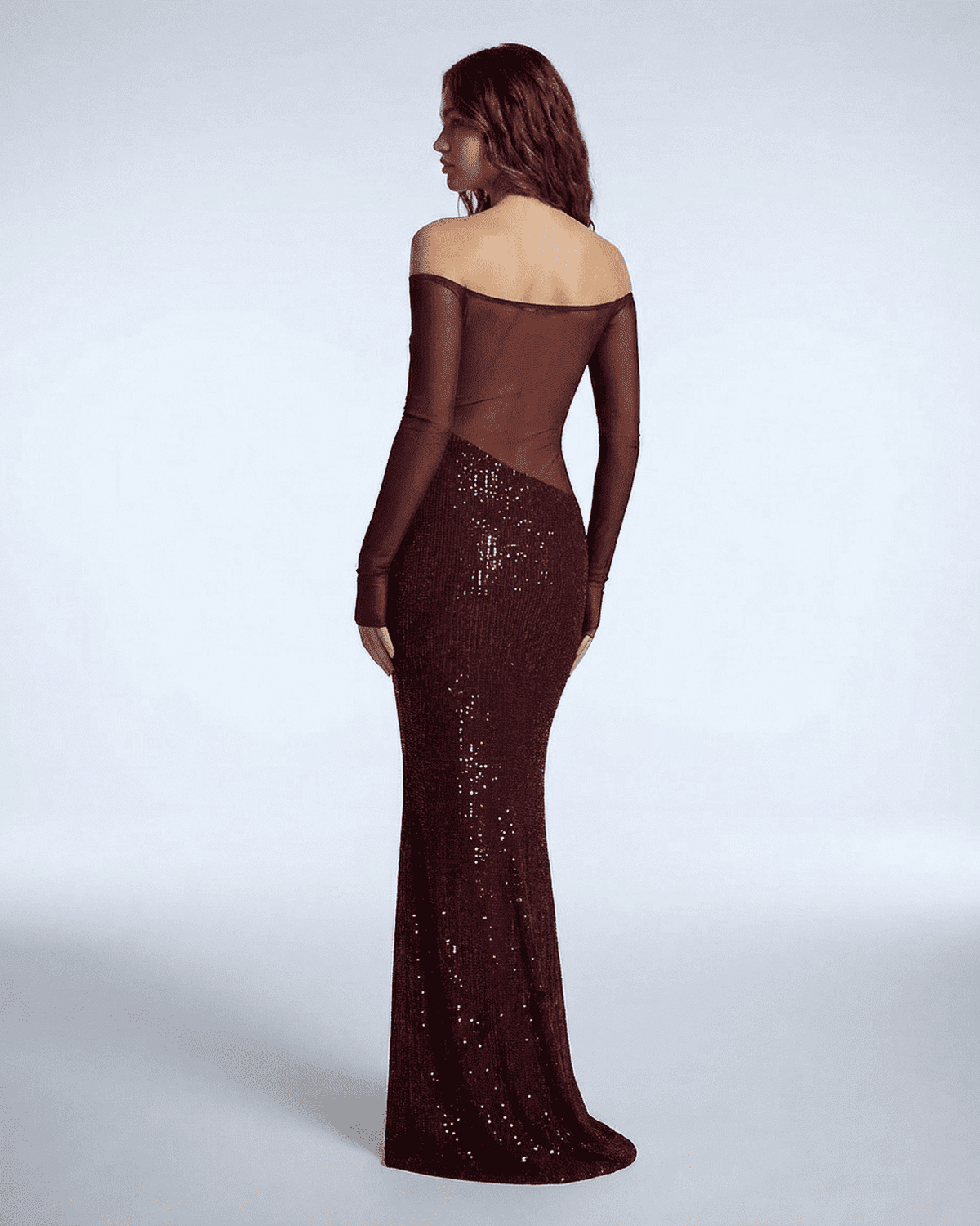 Virella Maxi Dress by SLIMONA, featuring a stunning off-shoulder design and elegant sequin detail from the back.