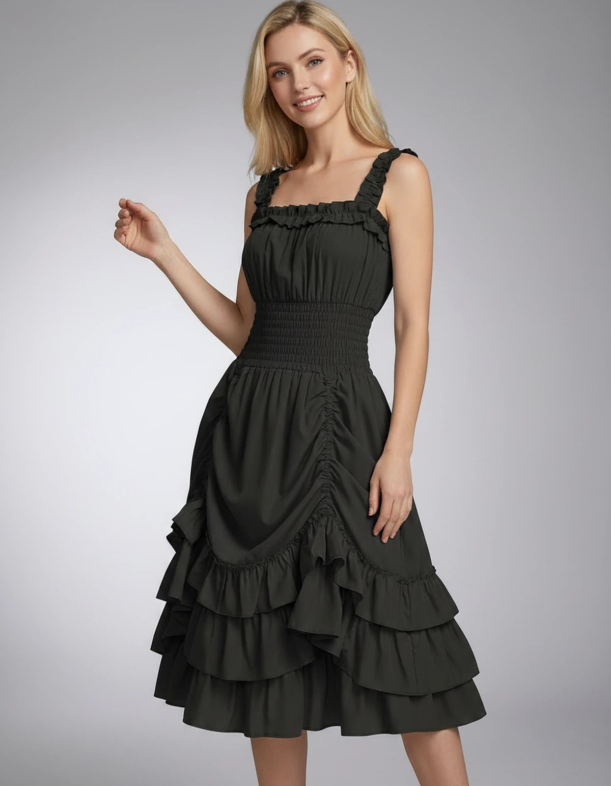 Wisteria Midi Dresses — Black | SKU: SD-28325-black-XS,SD-28325-black-S,SD-28325-black-M,SD-28325-black-L,SD-28325-black-XL,SD-28325-black-2XL