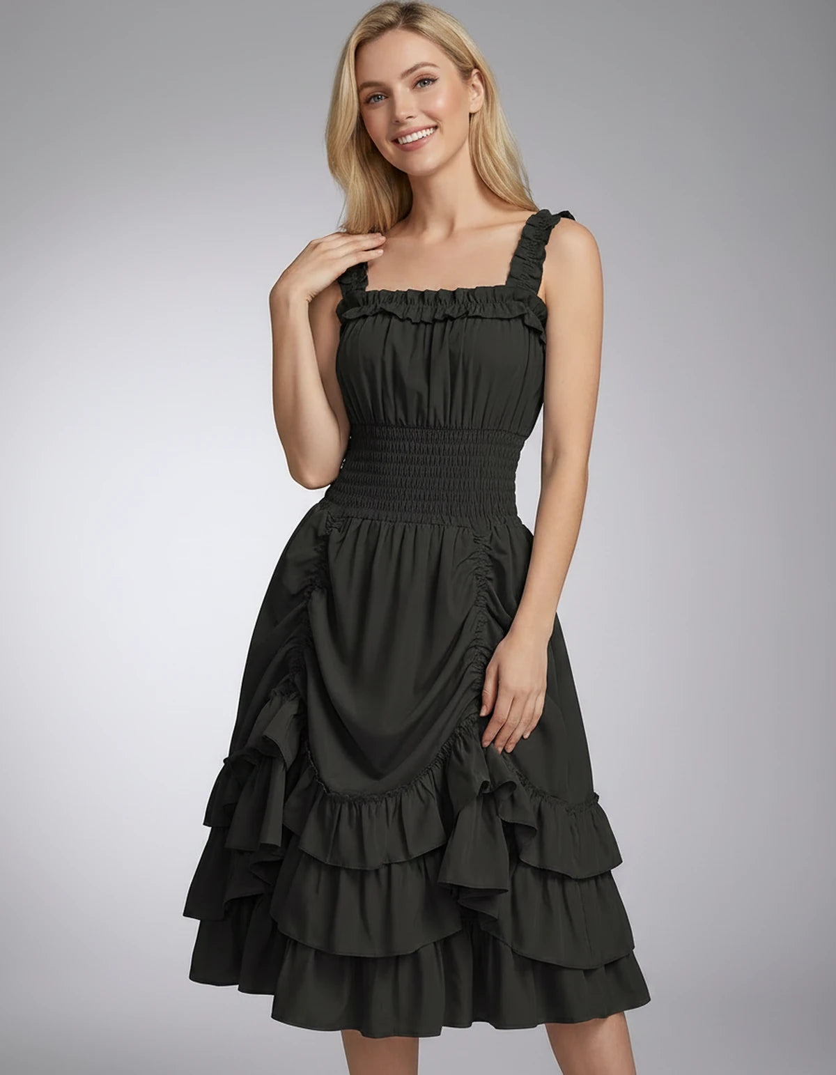 Wisteria Midi Dresses — Black | SKU: SD-28325-black-XS,SD-28325-black-S,SD-28325-black-M,SD-28325-black-L,SD-28325-black-XL,SD-28325-black-2XL