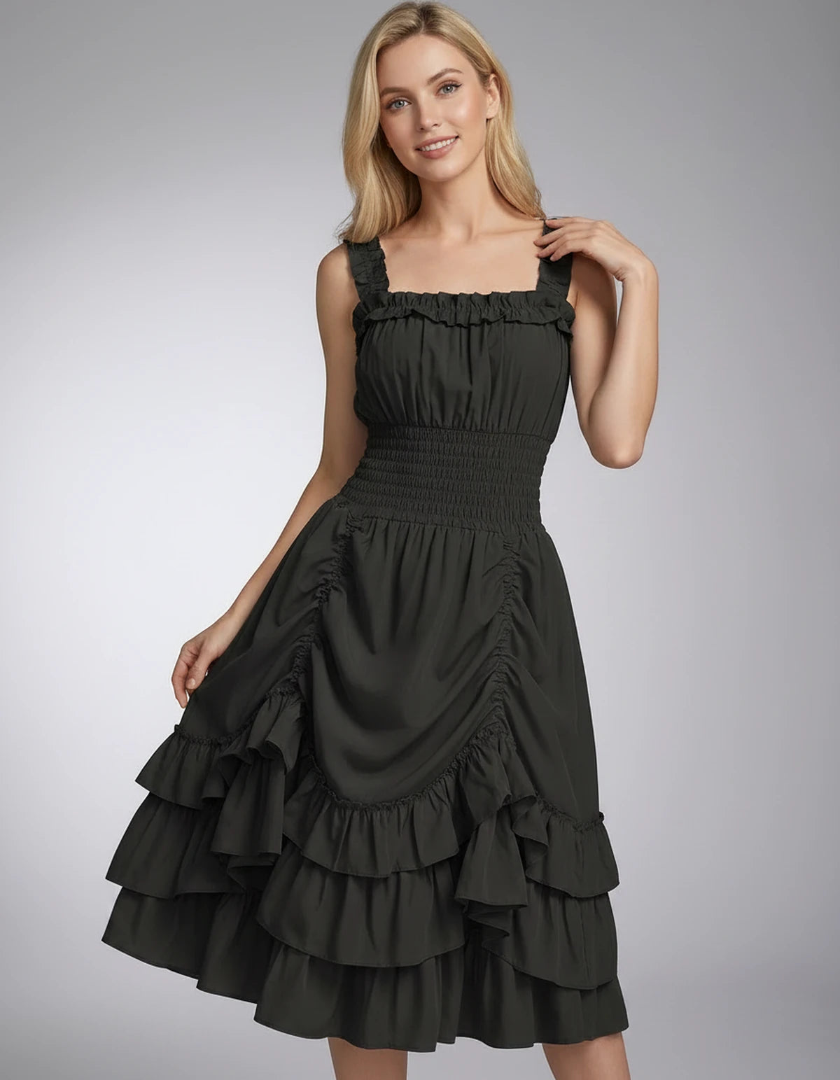 Wisteria Midi Dresses — Black | SKU: SD-28325-black-XS,SD-28325-black-S,SD-28325-black-M,SD-28325-black-L,SD-28325-black-XL,SD-28325-black-2XL