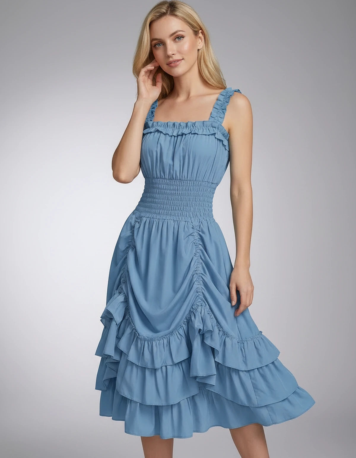 Wisteria Midi Dresses — Light Blue | SKU: SD-28325-lightblue-XS,SD-28325-lightblue-S,SD-28325-lightblue-M,SD-28325-lightblue-L,SD-28325-lightblue-XL,SD-28325-lightblue-2XL