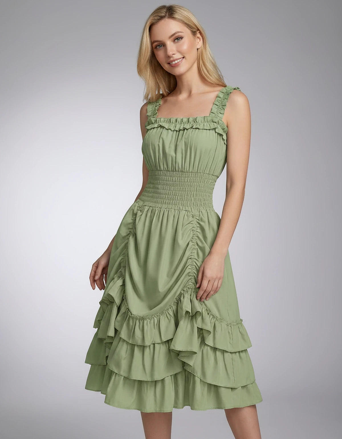 Wisteria Midi Dresses — Matcha Green | SKU: SD-28325-matchagreen-XS,SD-28325-matchagreen-S,SD-28325-matchagreen-M,SD-28325-matchagreen-L,SD-28325-matchagreen-XL,SD-28325-matchagreen-2XL