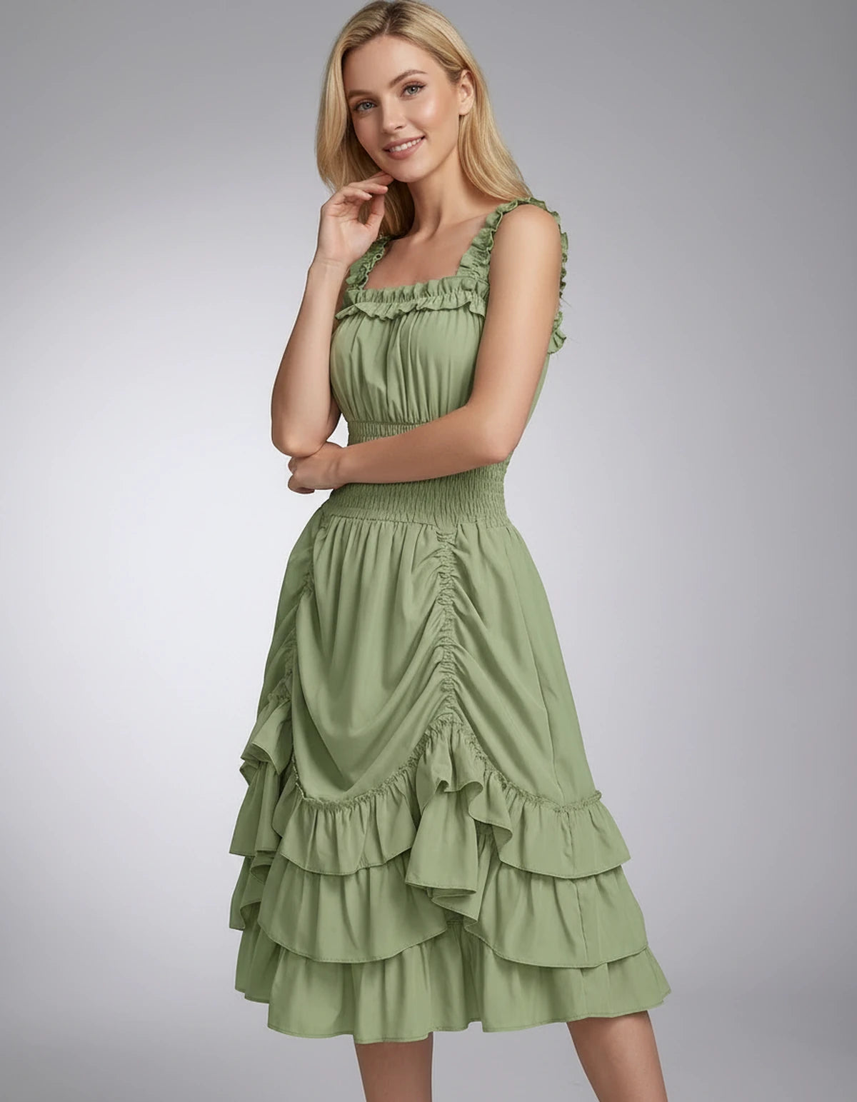 Wisteria Midi Dresses — Matcha Green | SKU: SD-28325-matchagreen-XS,SD-28325-matchagreen-S,SD-28325-matchagreen-M,SD-28325-matchagreen-L,SD-28325-matchagreen-XL,SD-28325-matchagreen-2XL