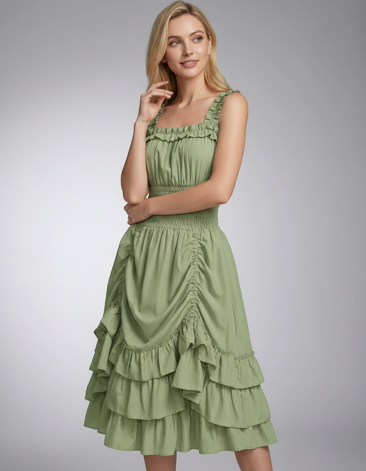 Wisteria Midi Dresses — Matcha Green | SKU: SD-28325-matchagreen-XS,SD-28325-matchagreen-S,SD-28325-matchagreen-M,SD-28325-matchagreen-L,SD-28325-matchagreen-XL,SD-28325-matchagreen-2XL
