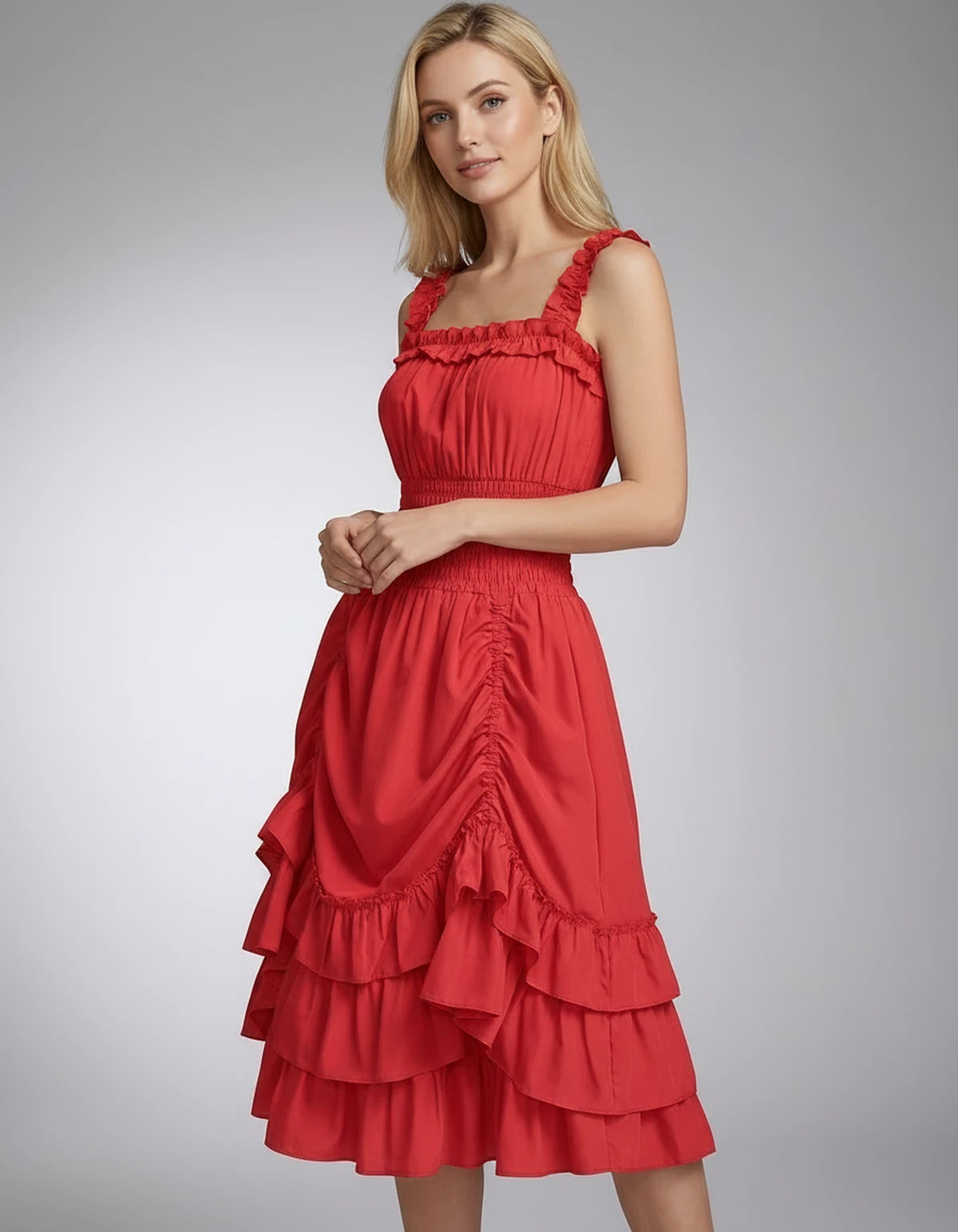 Wisteria Midi Dresses — Red | SKU: SD-28325-red-XS,SD-28325-red-S,SD-28325-red-M,SD-28325-red-L,SD-28325-red-XL,SD-28325-red-2XL