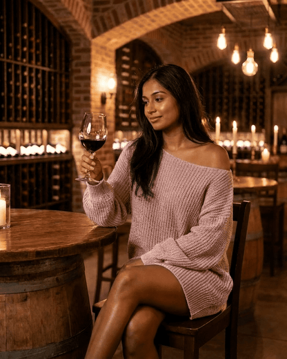 Woman enjoying a glass of red wine in a cozy setting, wearing a stylish off-the-shoulder ribbed sweater.