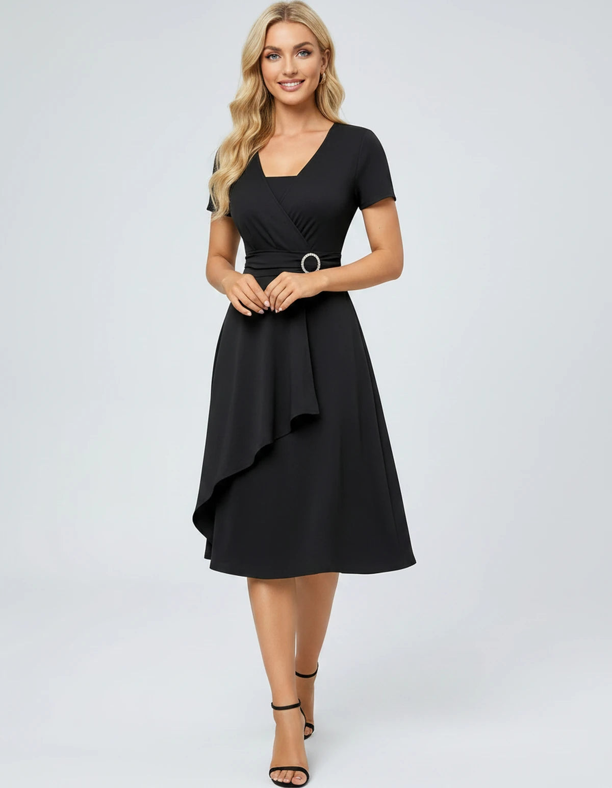 Ysolde Midi Dresses — Black | SKU: SD-54762-black-XS,SD-54762-black-S,SD-54762-black-M,SD-54762-black-L,SD-54762-black-XL,SD-54762-black-2XL